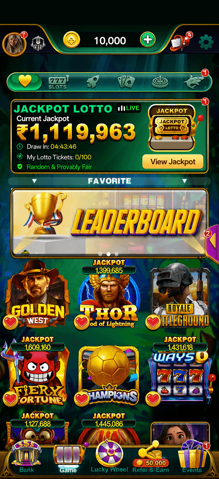 YonoRummy Game app home screen showing jackpot lotto, favourite games and the ₹10,000 welcome bonus